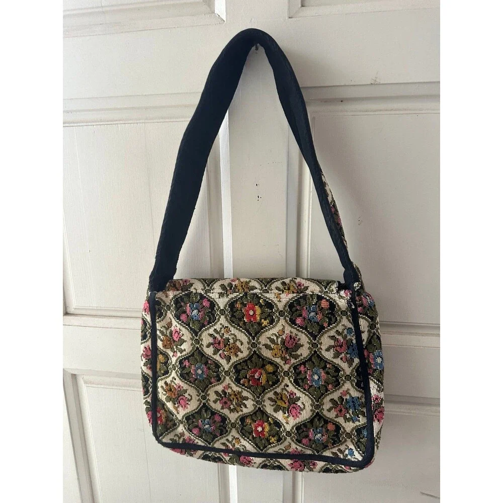 Vintage Floral Needlepoint Embroidered Suede Leather Lining Messenger Bag